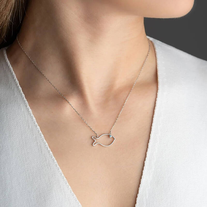 Vaoov 925 Ayar Gümüş Mavi Taşlı Minimalist Balık Kolye - 3