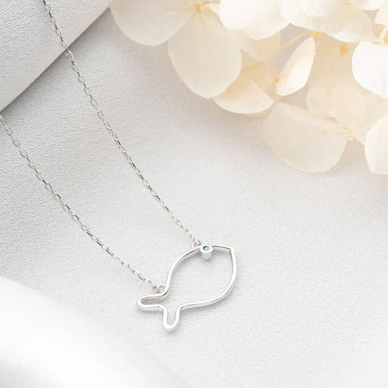 Vaoov 925 Ayar Gümüş Mavi Taşlı Minimalist Balık Kolye - 4