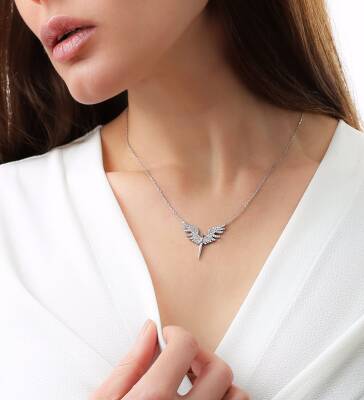 Vaoov 925 Ayar Gümüş Melek Kanatlı Kılıç Kolye - 2