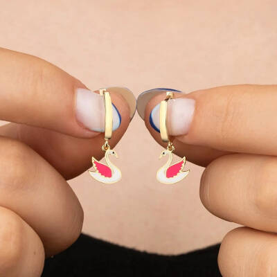 Vaoov 925 Ayar Gümüş Mineli Beyaz Kuğu Çocuk Küpe - 2