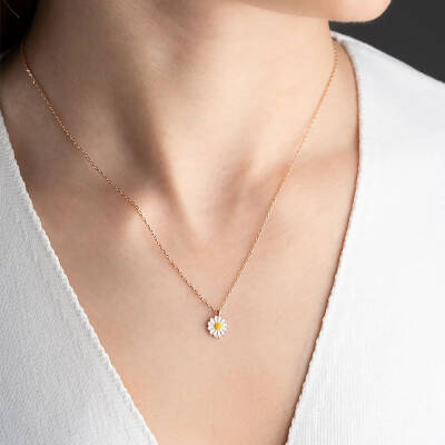 Vaoov 925 Ayar Gümüş Mineli Beyaz Papatya Kolye - 3