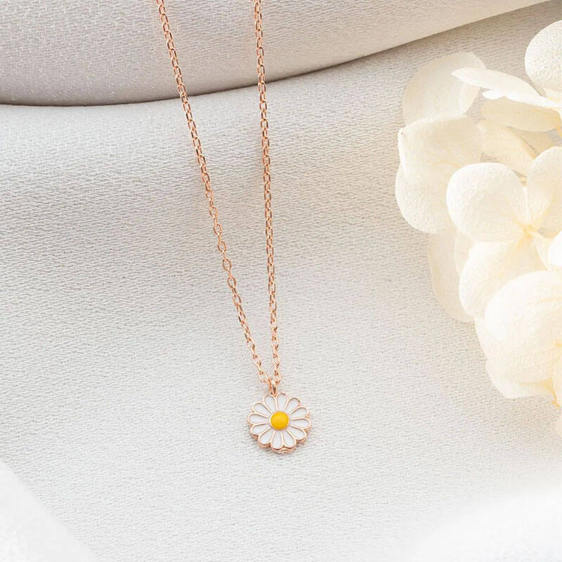 Vaoov 925 Ayar Gümüş Mineli Beyaz Papatya Kolye - 4