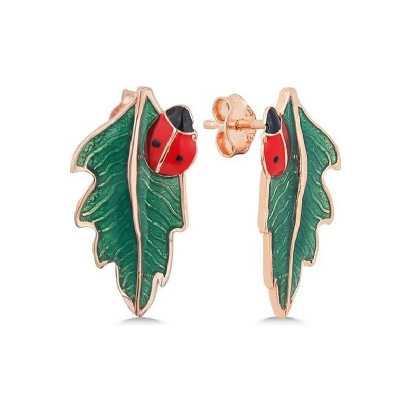 Vaoov 925 Ayar Gümüş Mineli Yeşil Yaprak ve Uğurböceği Küpe - 2