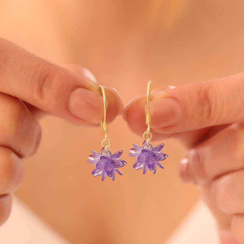 Vaoov 925 Ayar Gümüş Mor Kristal Taşlı Lotus Küpe - 1