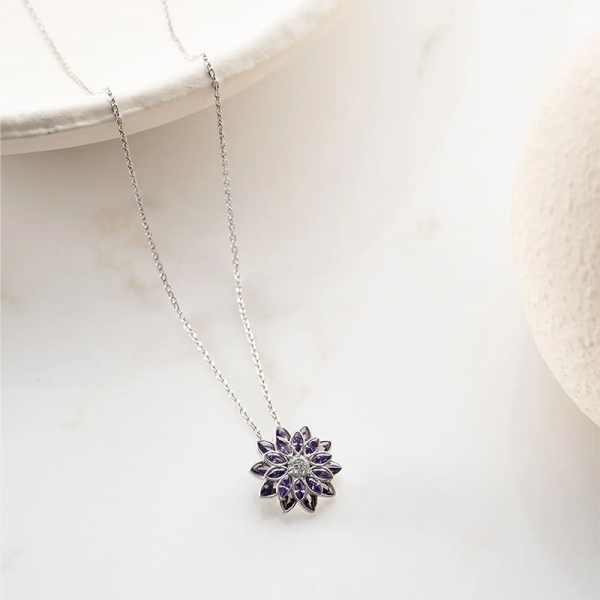 Vaoov 925 Ayar Gümüş Mor Taşlı Lotus Çiçeği Kolye - 2