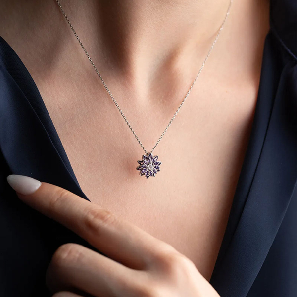 Vaoov 925 Ayar Gümüş Mor Taşlı Lotus Çiçeği Kolye - 3