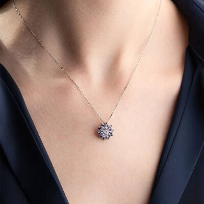 Vaoov 925 Ayar Gümüş Mor Taşlı Lotus Çiçeği Kolye - 2