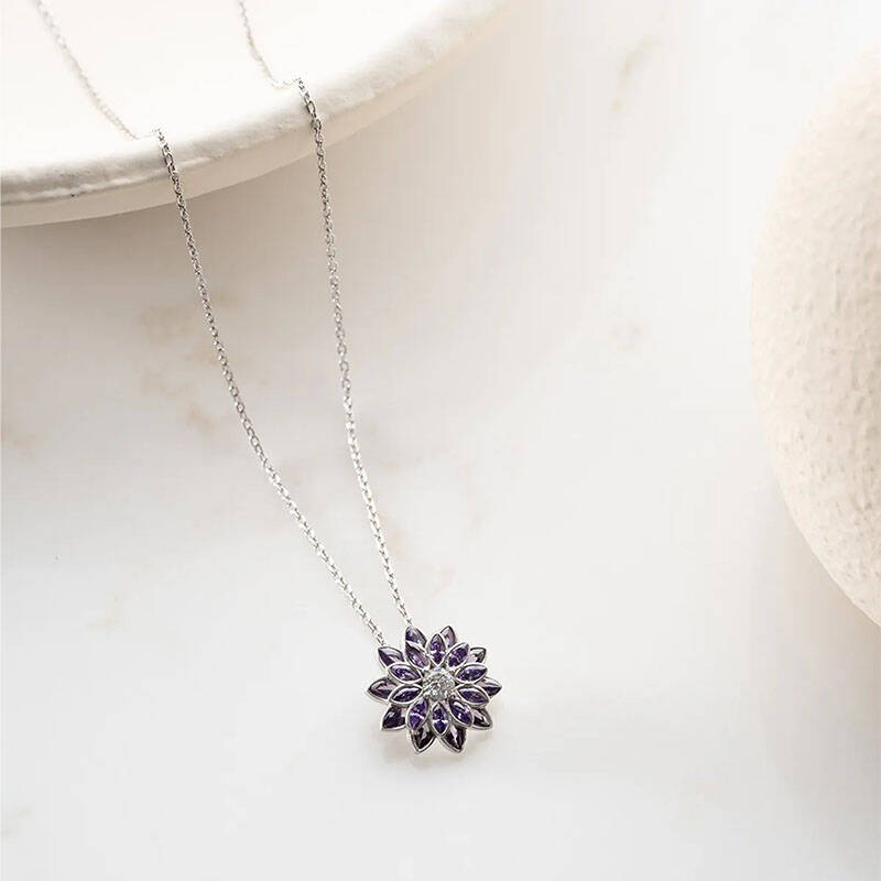 Vaoov 925 Ayar Gümüş Mor Taşlı Lotus Çiçeği Kolye - 3