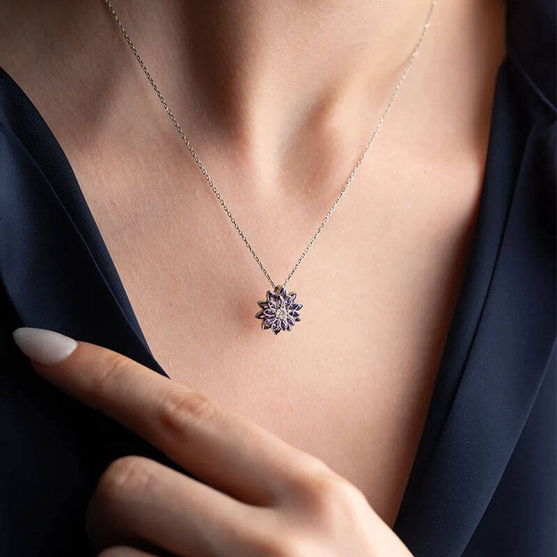 Vaoov 925 Ayar Gümüş Mor Taşlı Lotus Çiçeği Kolye - 4