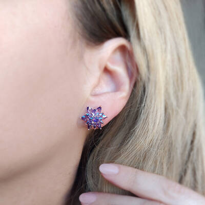 Vaoov  925 Ayar Gümüş Mor Taşlı Lotus Çiçeği Küpe - 4