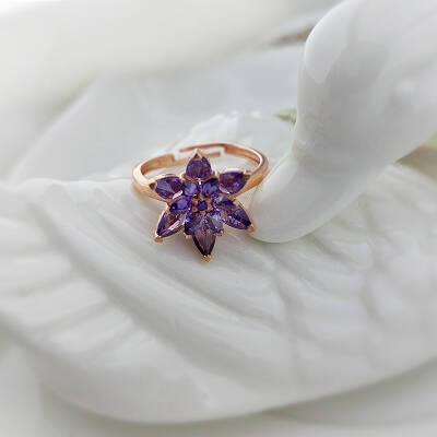 Vaoov 925 Ayar Gümüş Mor Taşlı Lotus Yüzük  - 2