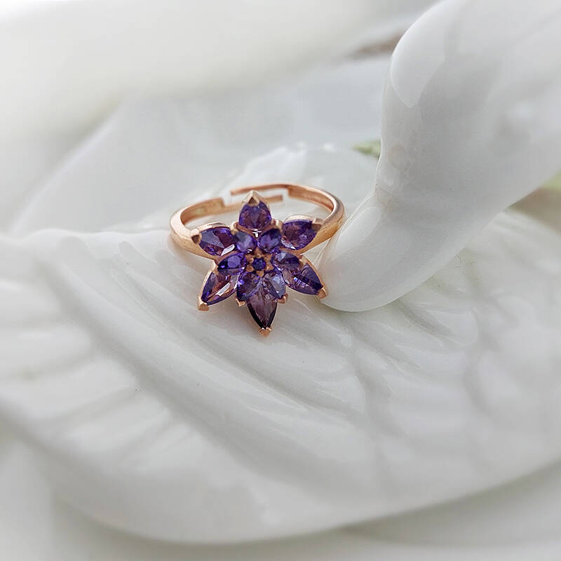 Vaoov 925 Ayar Gümüş Mor Taşlı Lotus Yüzük  - 2