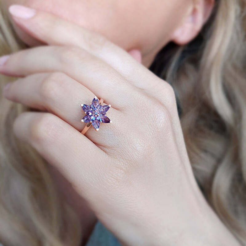 Vaoov 925 Ayar Gümüş Mor Taşlı Lotus Yüzük  - 3