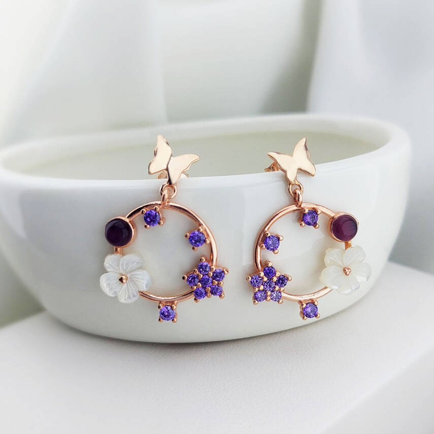 Vaoov 925 Ayar Gümüş Mor Taşlı Sedef Çiçekli Kelebek Küpe - 1