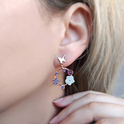 Vaoov 925 Ayar Gümüş Mor Taşlı Sedef Çiçekli Kelebek Küpe - 2