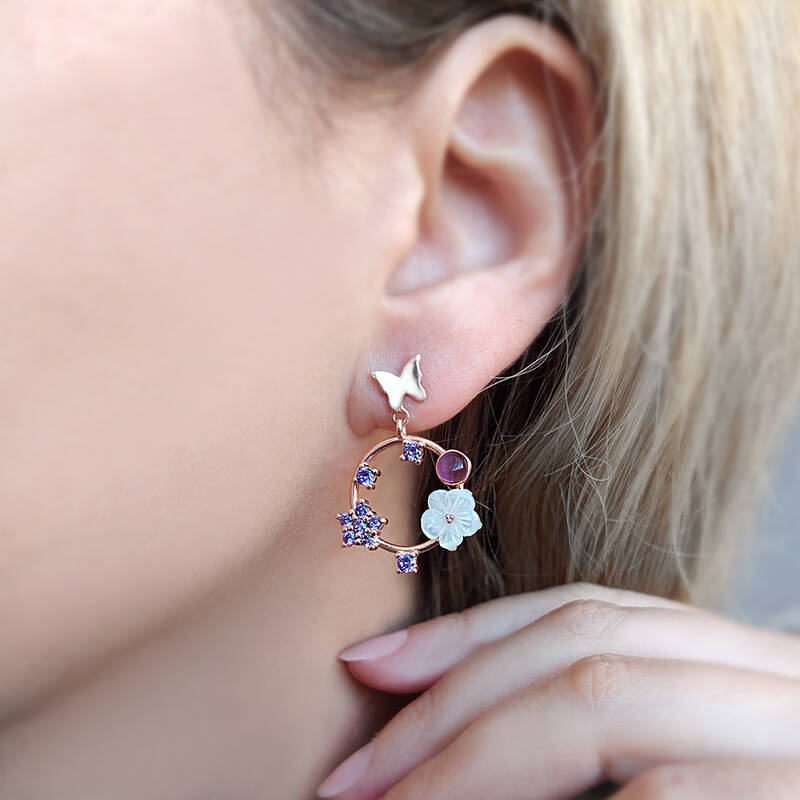 Vaoov 925 Ayar Gümüş Mor Taşlı Sedef Çiçekli Kelebek Küpe - 2