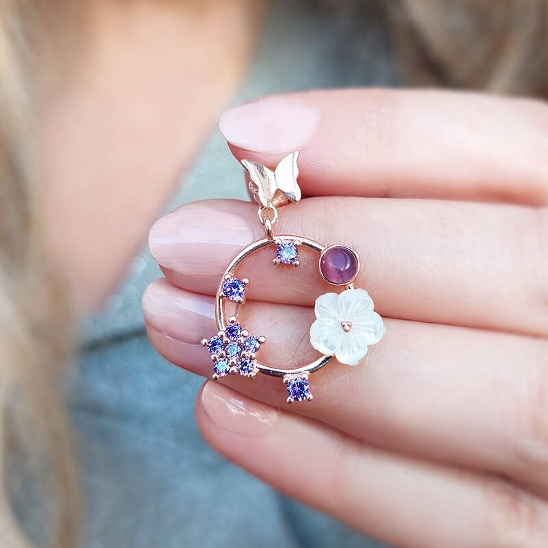 Vaoov 925 Ayar Gümüş Mor Taşlı Sedef Çiçekli Kelebek Küpe - 3