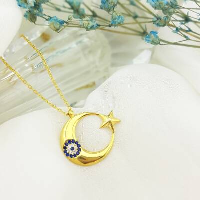 Vaoov 925 Ayar Gümüş Nazarlı Ay Yıldız Kolye - 1