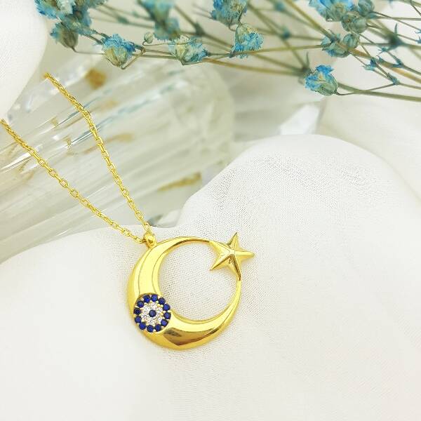 Vaoov 925 Ayar Gümüş Nazarlı Ay Yıldız Kolye - 1