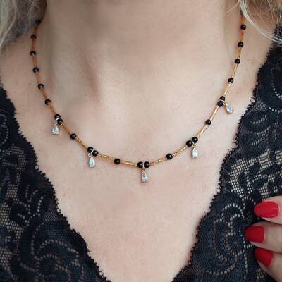 Vaoov 925 Ayar Gümüş Oniks ve Damla Taşlı Kolye - 1