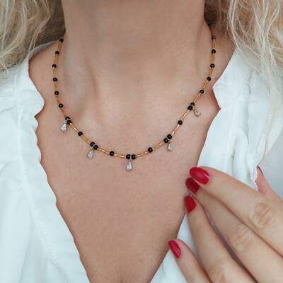 Vaoov 925 Ayar Gümüş Oniks ve Damla Taşlı Kolye - 2