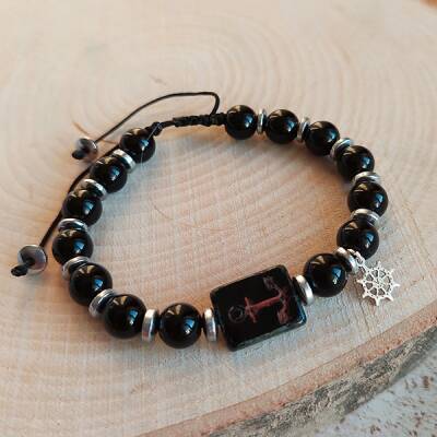 Vaoov 925 Ayar Gümüş Oniks ve Hematit Taşlı Çapa Erkek Bileklik   