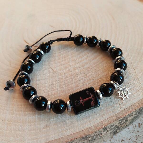 Vaoov 925 Ayar Gümüş Oniks ve Hematit Taşlı Çapa Erkek Bileklik    - 1