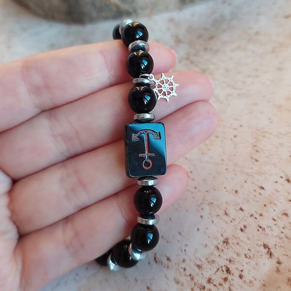 Vaoov 925 Ayar Gümüş Oniks ve Hematit Taşlı Çapa Erkek Bileklik    - 2