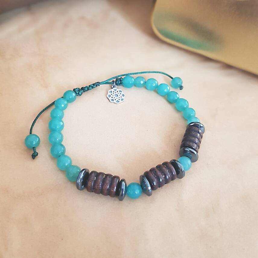 Vaoov 925 Ayar Gümüş Özel Kesim Ahşap ve Jade Taşlı Erkek Bileklik  - 1