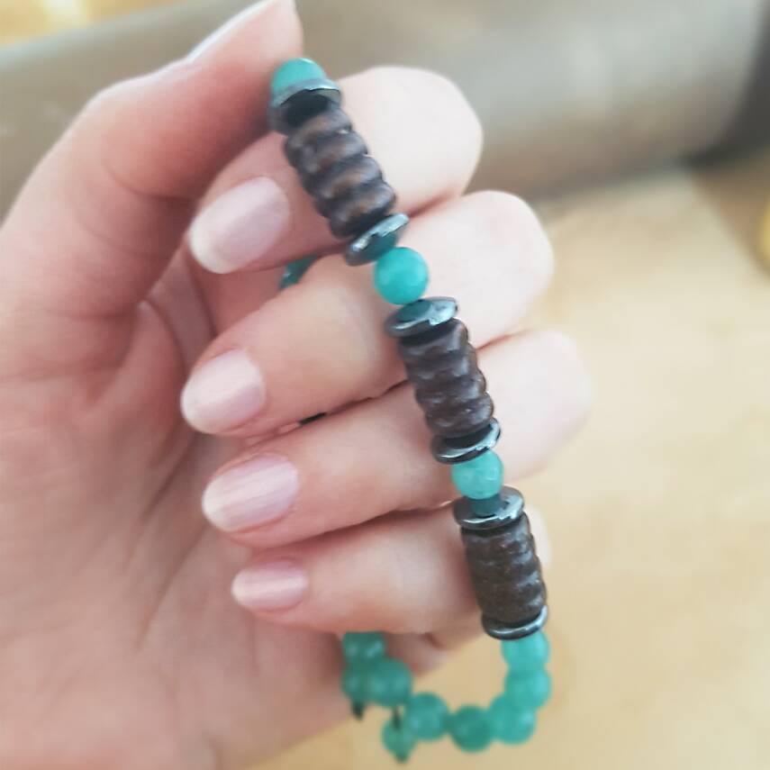 Vaoov 925 Ayar Gümüş Özel Kesim Ahşap ve Jade Taşlı Erkek Bileklik  - 2