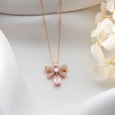 Vaoov 925 Ayar Gümüş Pembe Baget Taşlı Kalpli Kurdele Kolye - 2