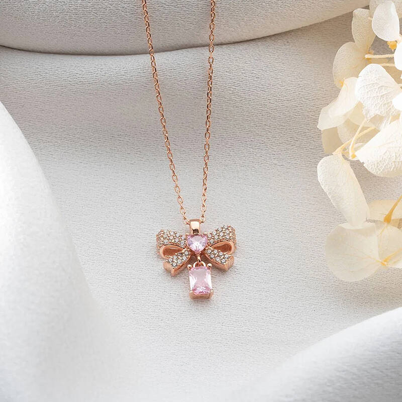 Vaoov 925 Ayar Gümüş Pembe Baget Taşlı Kalpli Kurdele Kolye - 2