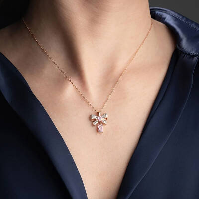 Vaoov 925 Ayar Gümüş Pembe Baget Taşlı Kalpli Kurdele Kolye - 3