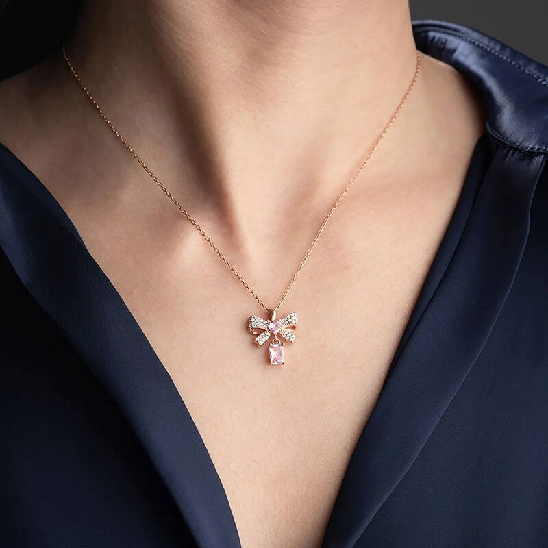 Vaoov 925 Ayar Gümüş Pembe Baget Taşlı Kalpli Kurdele Kolye - 3