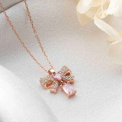 Vaoov 925 Ayar Gümüş Pembe Baget Taşlı Kalpli Kurdele Kolye - 4