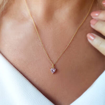 Vaoov 925 Ayar Gümüş Pembe Kalp Kolye - 3