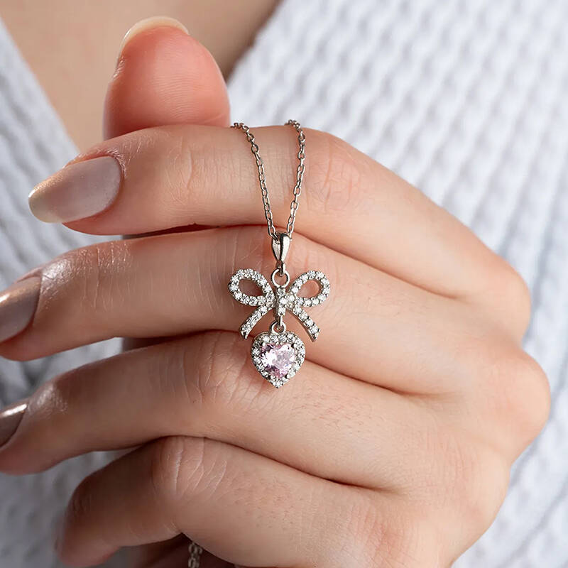 Vaoov 925 Ayar Gümüş Pembe Kalp Taşlı Kurdele Kolye - 1