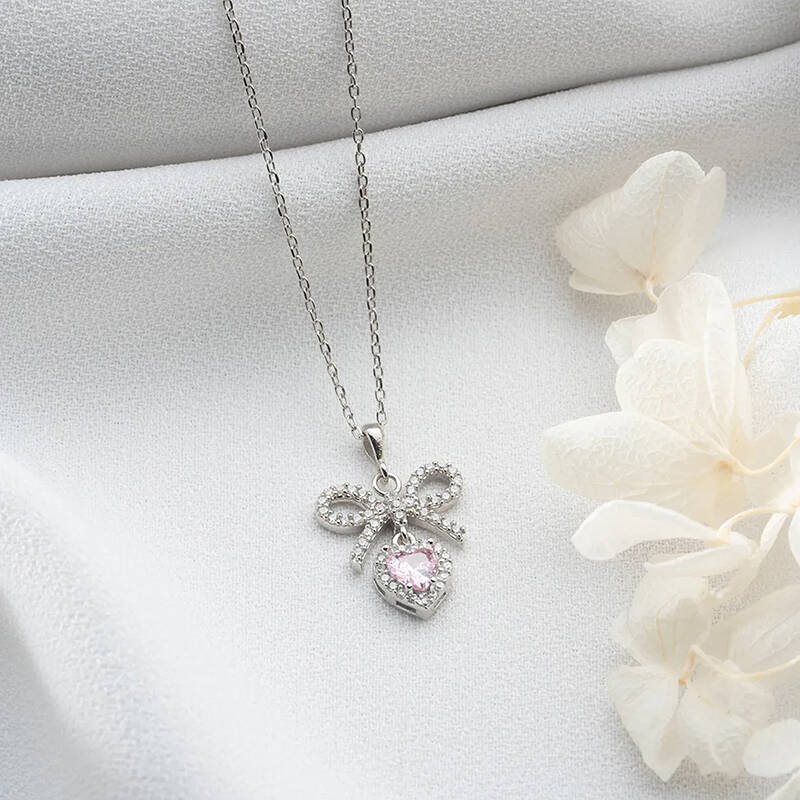Vaoov 925 Ayar Gümüş Pembe Kalp Taşlı Kurdele Kolye - 2