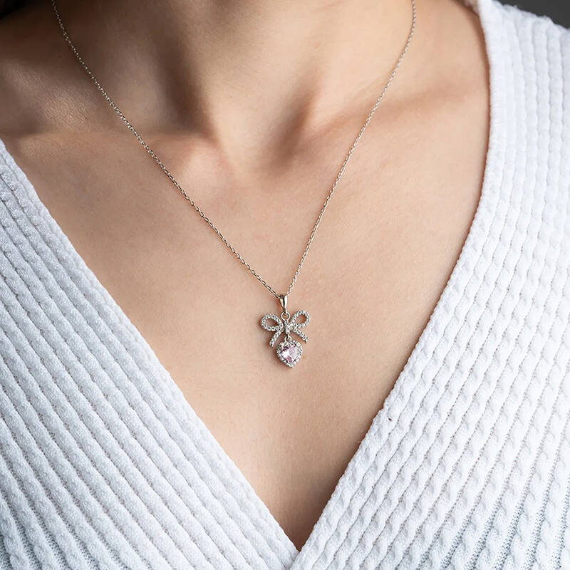 Vaoov 925 Ayar Gümüş Pembe Kalp Taşlı Kurdele Kolye - 3