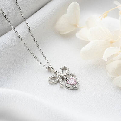 Vaoov 925 Ayar Gümüş Pembe Kalp Taşlı Kurdele Kolye - 4