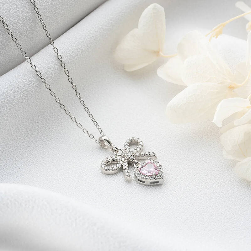 Vaoov 925 Ayar Gümüş Pembe Kalp Taşlı Kurdele Kolye - 4