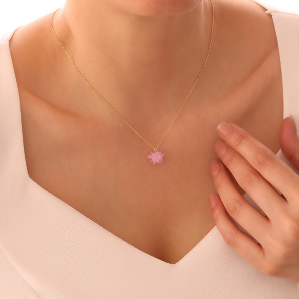 Vaoov 925 Ayar Gümüş Pembe Kristal Taşlı Lotus Kolye - 2