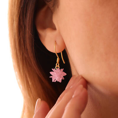 Vaoov 925 Ayar Gümüş Pembe Kristal Taşlı Lotus Küpe - 1