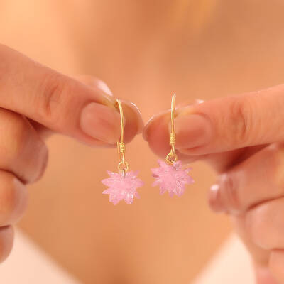 Vaoov 925 Ayar Gümüş Pembe Kristal Taşlı Lotus Küpe - 2