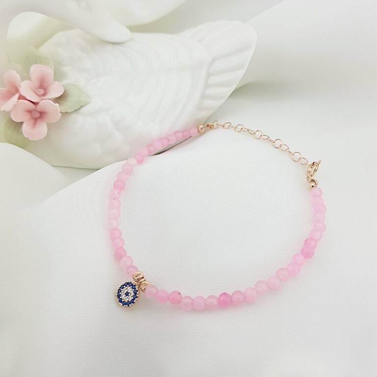 VAOOV 925 Ayar Gümüş Pembe Kuvars Taşlı Nazar Bileklik - 1