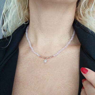 Vaoov 925 Ayar Gümüş Pembe Kuvars ve Hematit Taşlı Nazar Kolye - 1