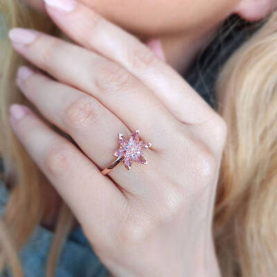 Vaoov 925 Ayar Gümüş Pembe Lotus Yüzük - 2