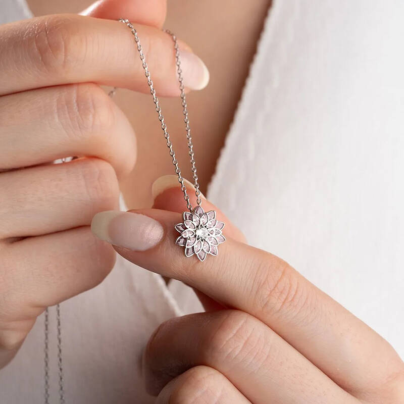 Vaoov 925 Ayar Gümüş Pembe Taşlı Lotus Hediye Kolye - 1