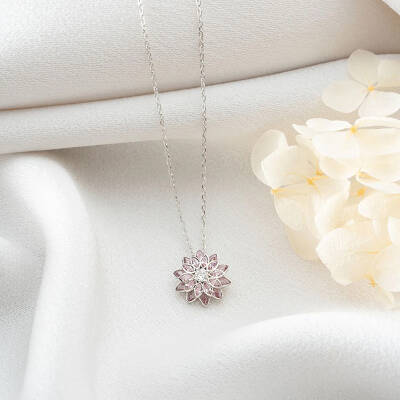 Vaoov 925 Ayar Gümüş Pembe Taşlı Lotus Hediye Kolye - 2