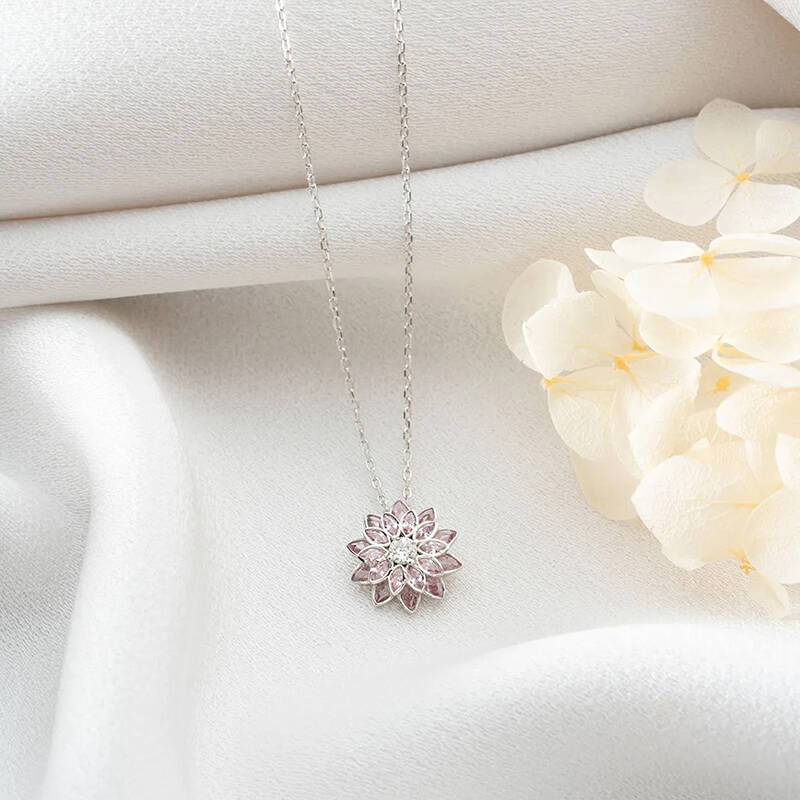 Vaoov 925 Ayar Gümüş Pembe Taşlı Lotus Hediye Kolye - 2